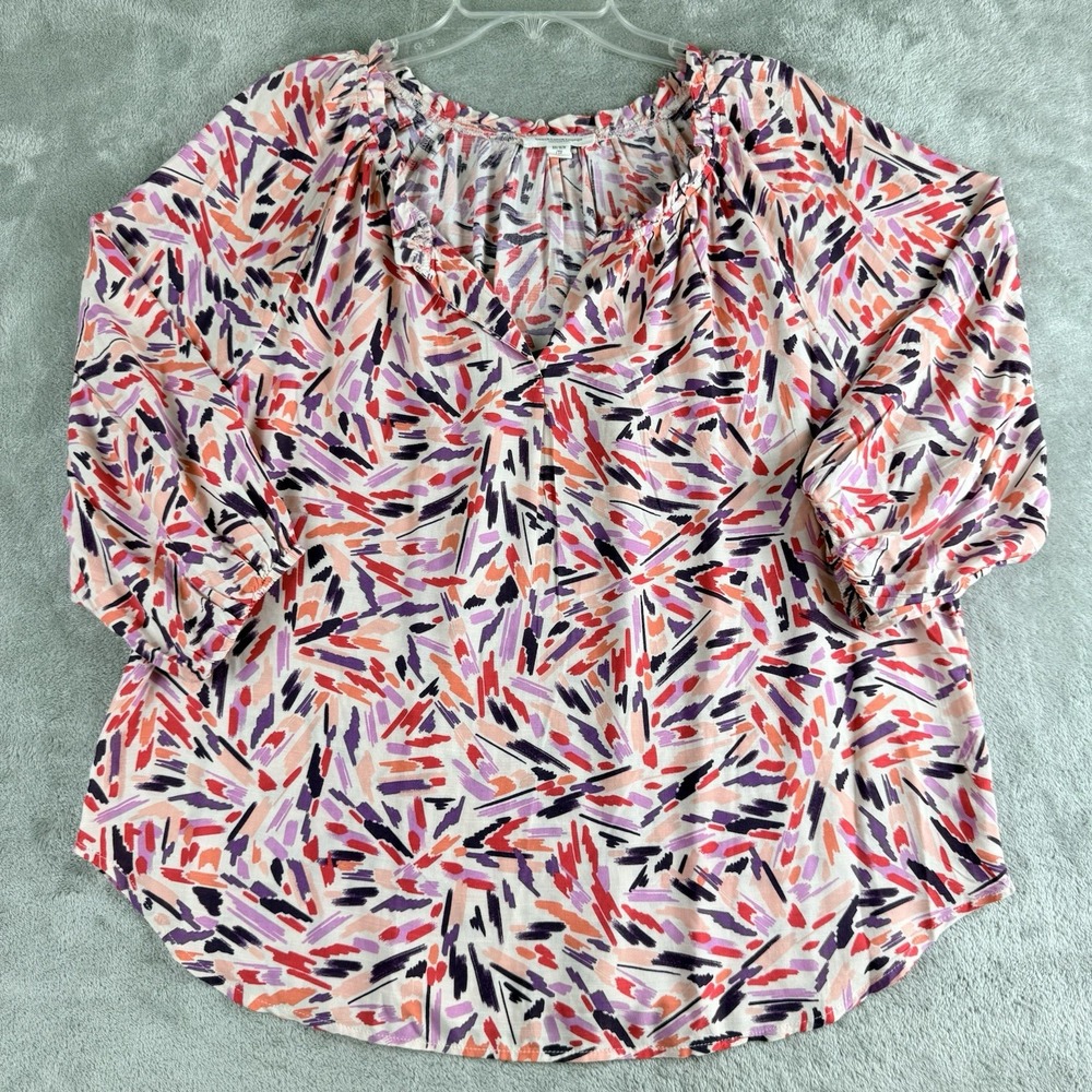 Beach Lunch Lounge‎ Top Womens XS Pink Purple Abstract Print 3/4 Sleeve Workwear